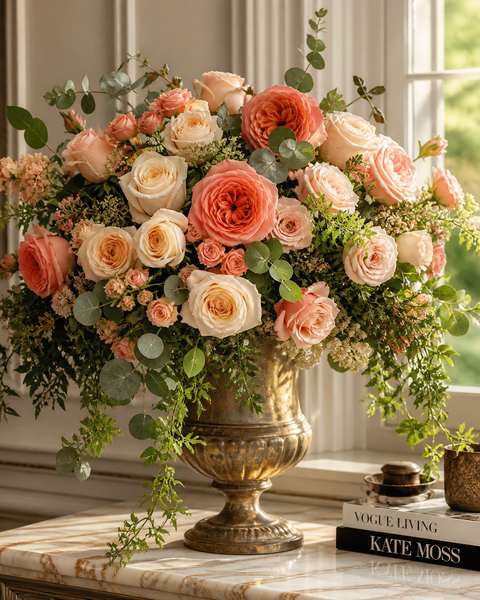 Luxurious mixed coral, peach, ivory garden roses in an antique brass urn