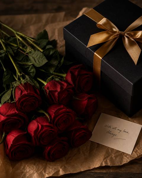A dozen long-stemmed deep red roses with a gold-ribboned gift box and a handwritten