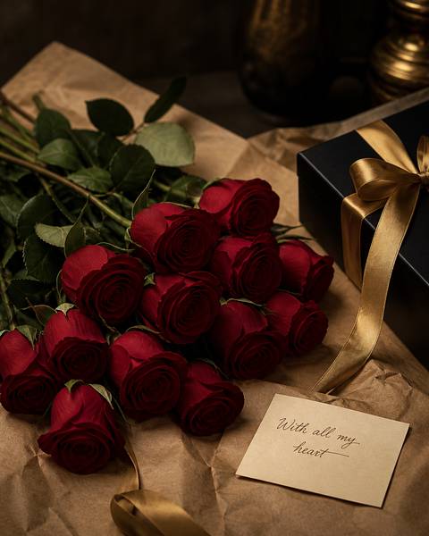 A dozen long-stemmed deep red roses with gold ribbon and gift box