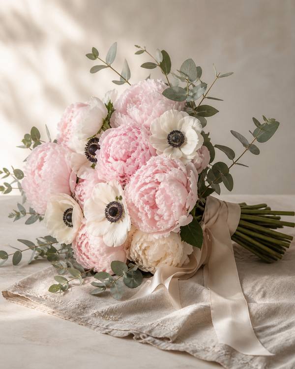Soft pink peonies and white anemones with eucalyptus tied with cream silk ribbon on aged linen