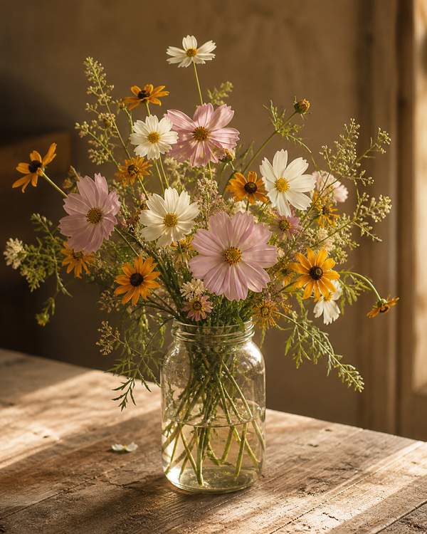 Wildflower mason jar arrangement with cosmos, daisies, and rudbeckia on weathered wood
