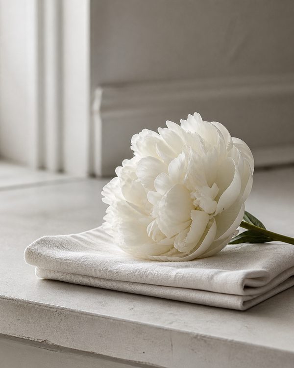 A single fresh white peony resting on a folded white linen napkin