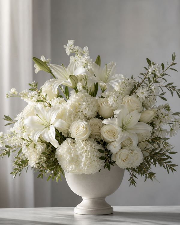 All-white sympathy arrangement of lilies, roses, and hydrangea in an ivory ceramic urn
