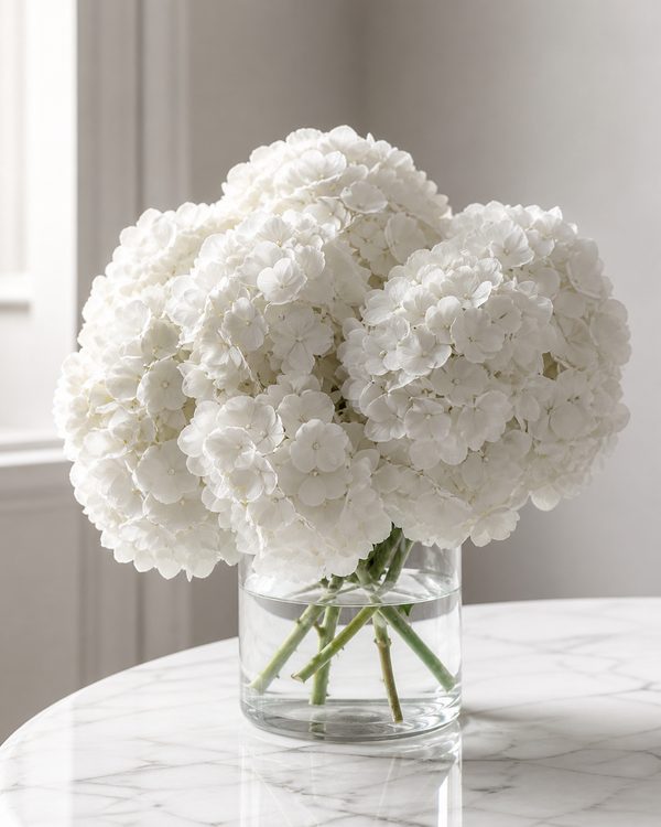 Pure white hydrangea heads in a clear glass vase on white marble