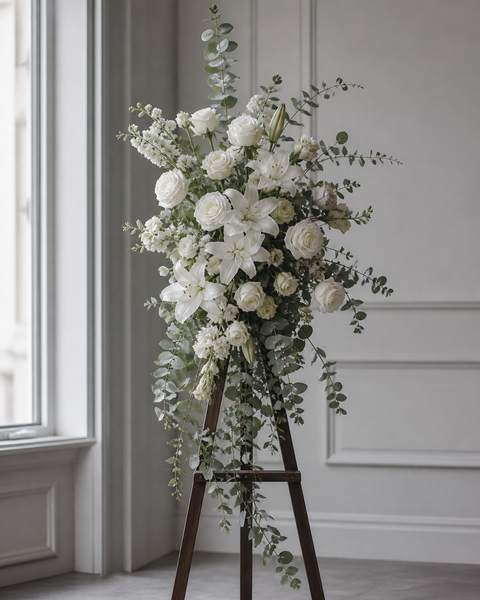 A tall standing arrangement of white roses and white lilies on a dark wooden display easel