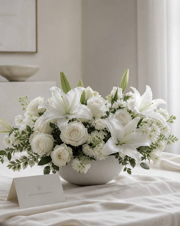 All-white sympathy spray of lilies and roses with a folded condolence card on cream linen
