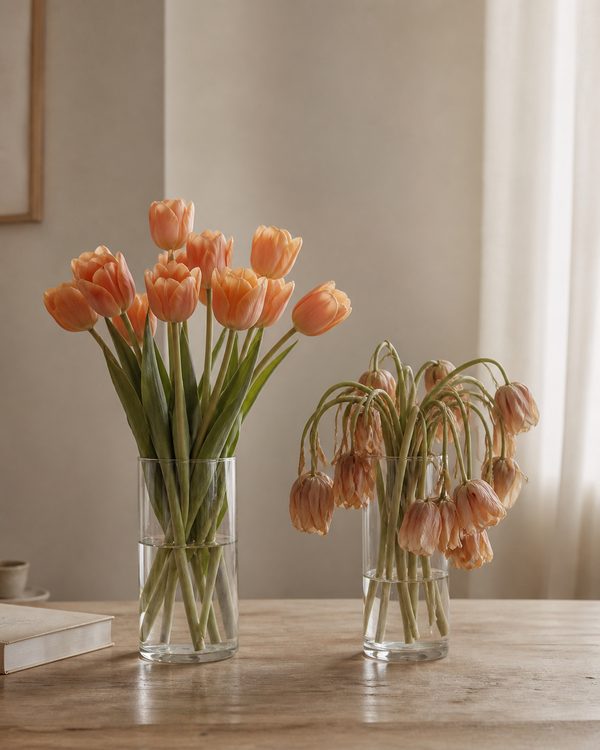 Two glass vases side by side: vibrant fresh peach tulips next to drooping wilted ones