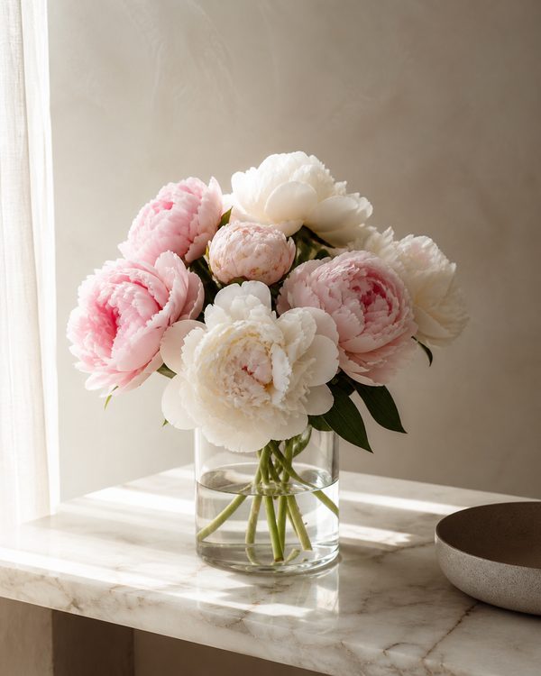 Fresh full-bloom peonies in a clear glass cylinder vase on white marble