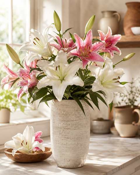 Fragrant white casablanca lilies and pink stargazer lilies in a tall textured ceramic vase on a sunlit kitchen counter