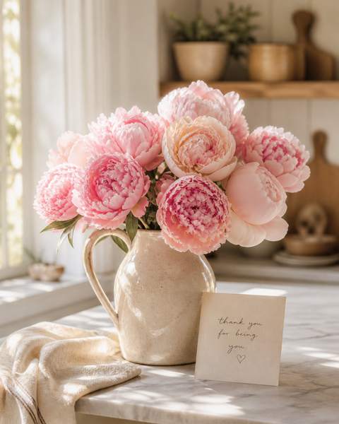 Soft pink and blush peonies in a cream stoneware pitcher with a handwritten card on a sunlit kitchen counter