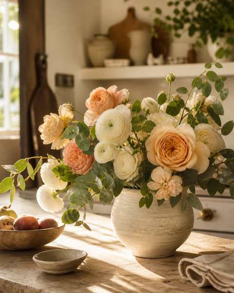 Warm peach garden roses and ivory ranunculus in a textured stoneware vase with eucalyptus