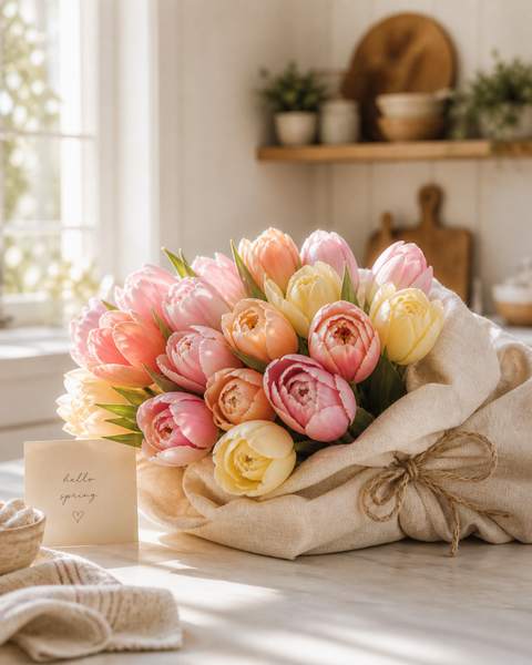 An abundant bouquet of mixed pastel tulips in pink, peach, and butter yellow wrapped in muslin