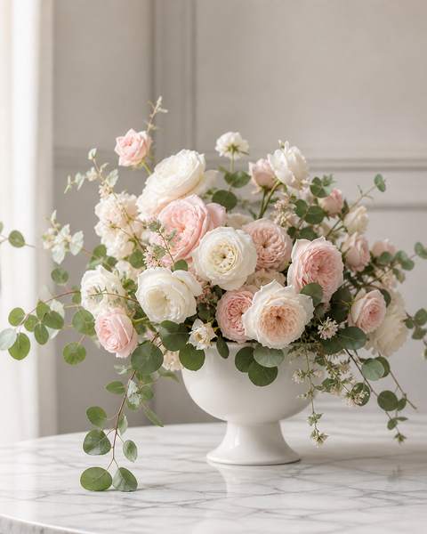 Soft white and pale pink garden roses with eucalyptus in a clean white ceramic urn on marble