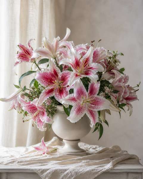 Pink and white stargazer lilies in full bloom in a ceramic urn vase on cream linen