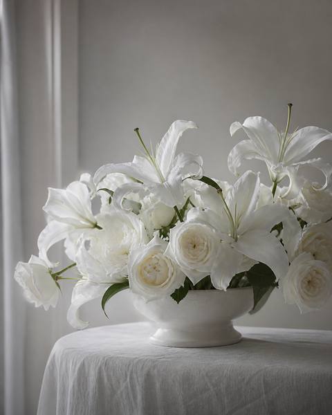 Pure white casablanca lilies and white roses in a low ceramic urn on white linen