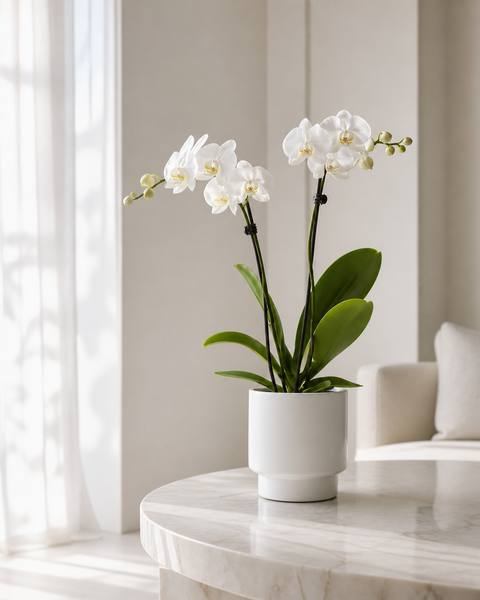 A graceful white phalaenopsis orchid plant in a smooth white ceramic pot on marble