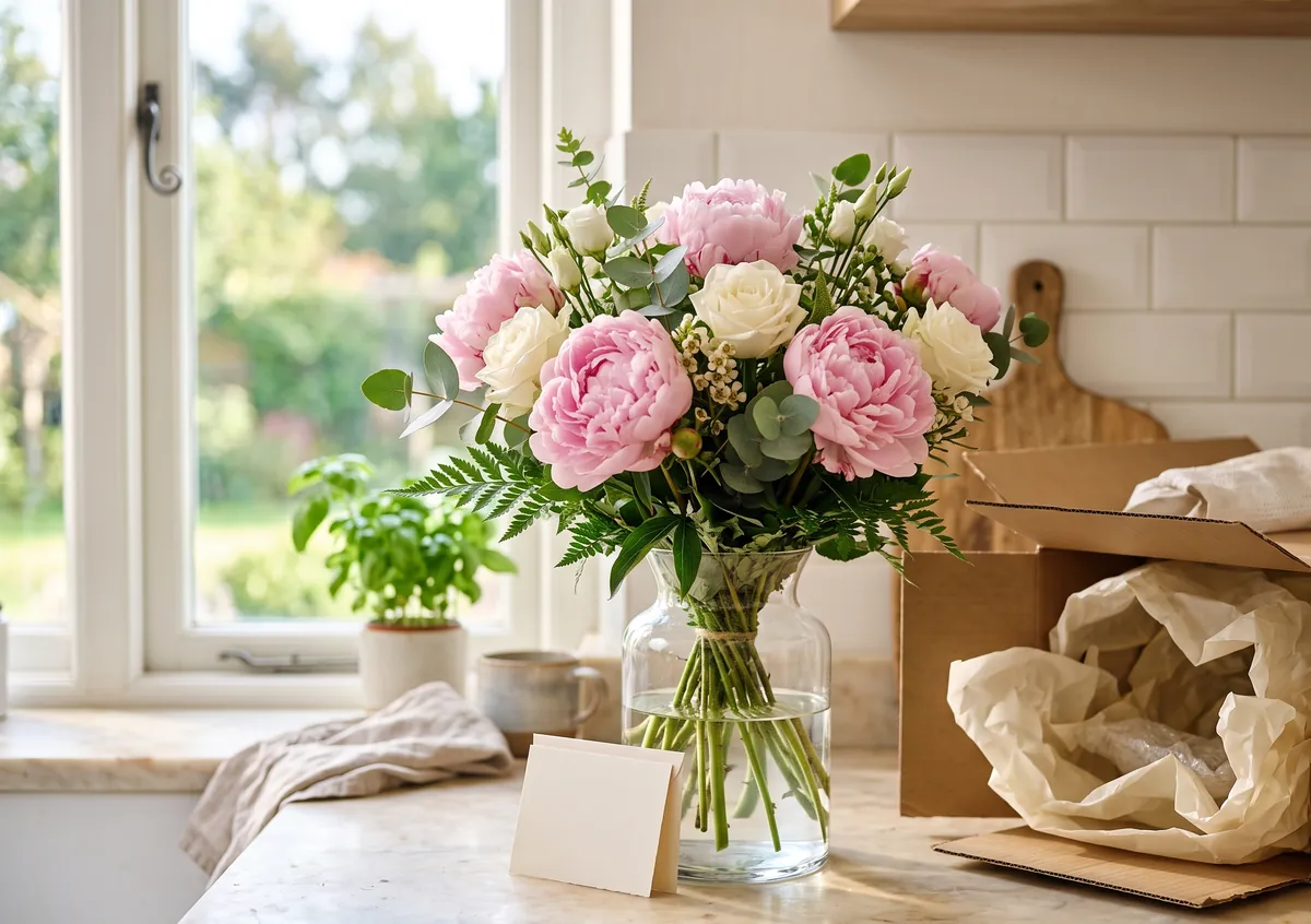 An arranged bouquet in a glass vase beside its opened delivery box on a kitchen counter